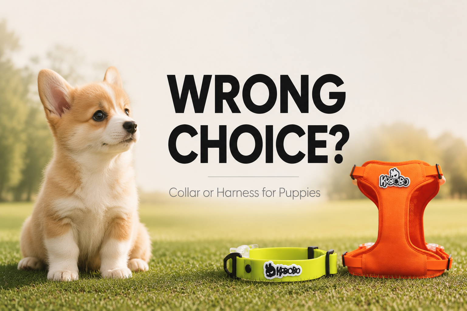 Editorial cover image showing a puppy beside dog collar and harness products with the title “WRONG CHOICE?” about puppy walking gear selection.
