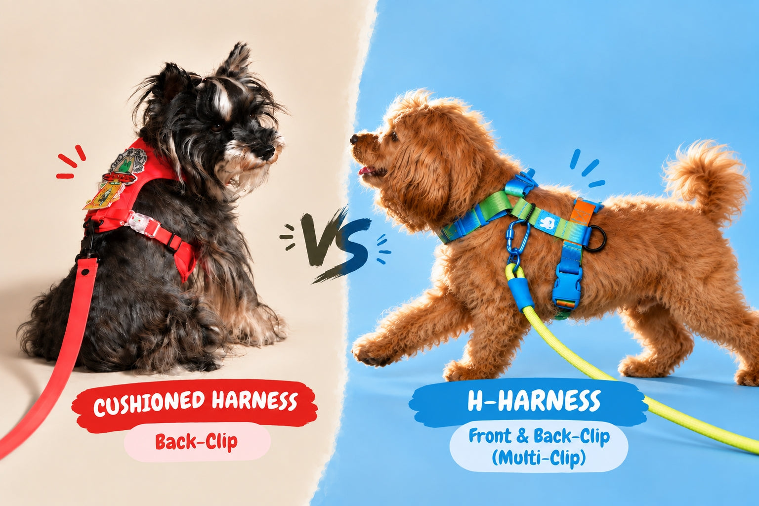 Compare the cushioned back-clip design with the lightweight, multi-clip H-HARNESS to find what fits your dog’s daily walks.
