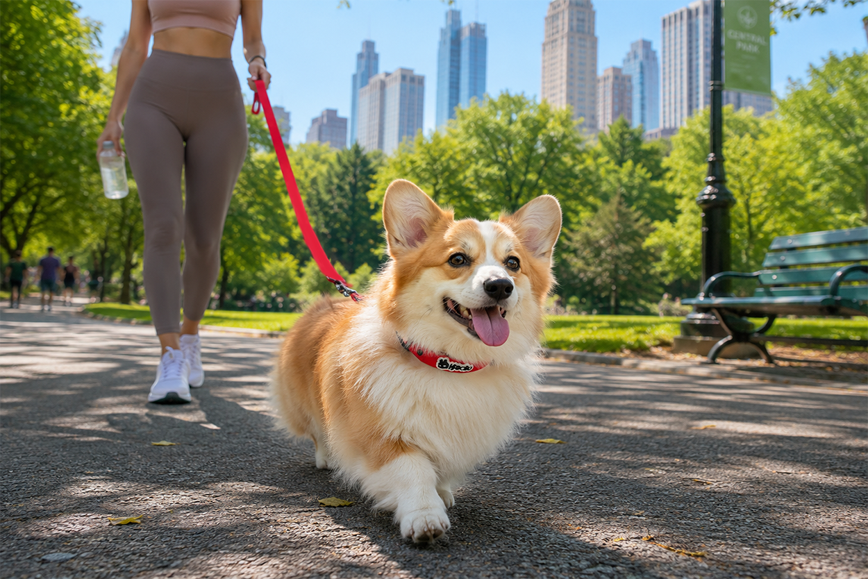 Corgi and owner walking on early summer grass in the morning, dog pausing occasionally, panting lightly, sunlight casting long shadows and warm, everyday atmosphere.
