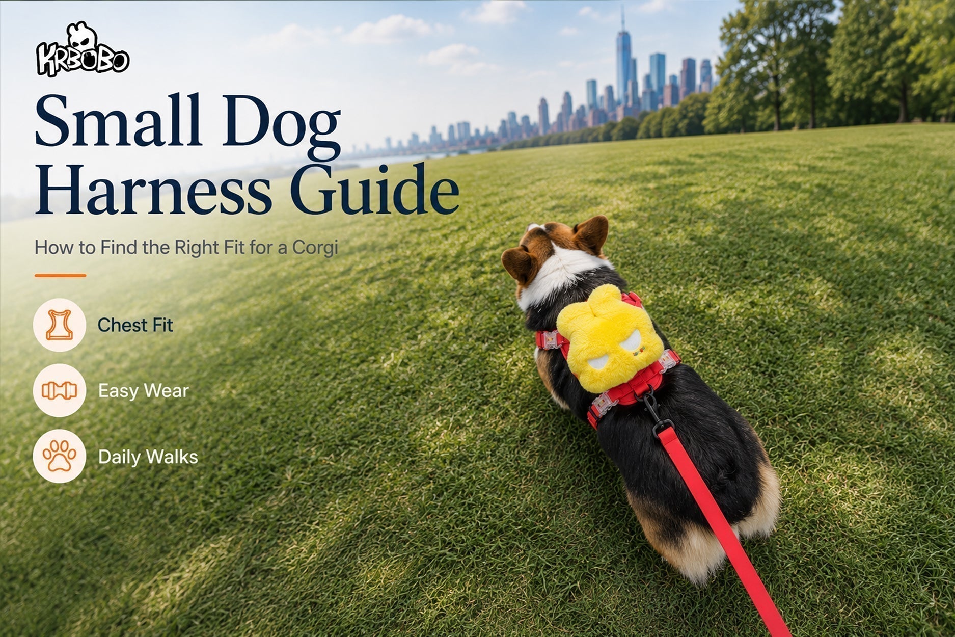 Pembroke Welsh Corgi wearing a KRBOBO harness during an outdoor park walk, featured in a small dog harness guide about finding the right fit for Corgis
