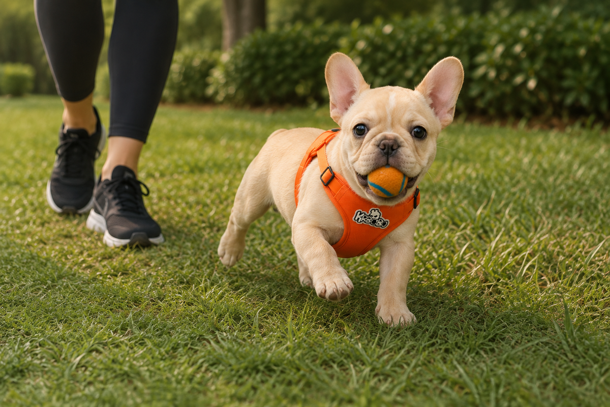 French Bulldog running on grass while wearing a lightweight harness for outdoor activities