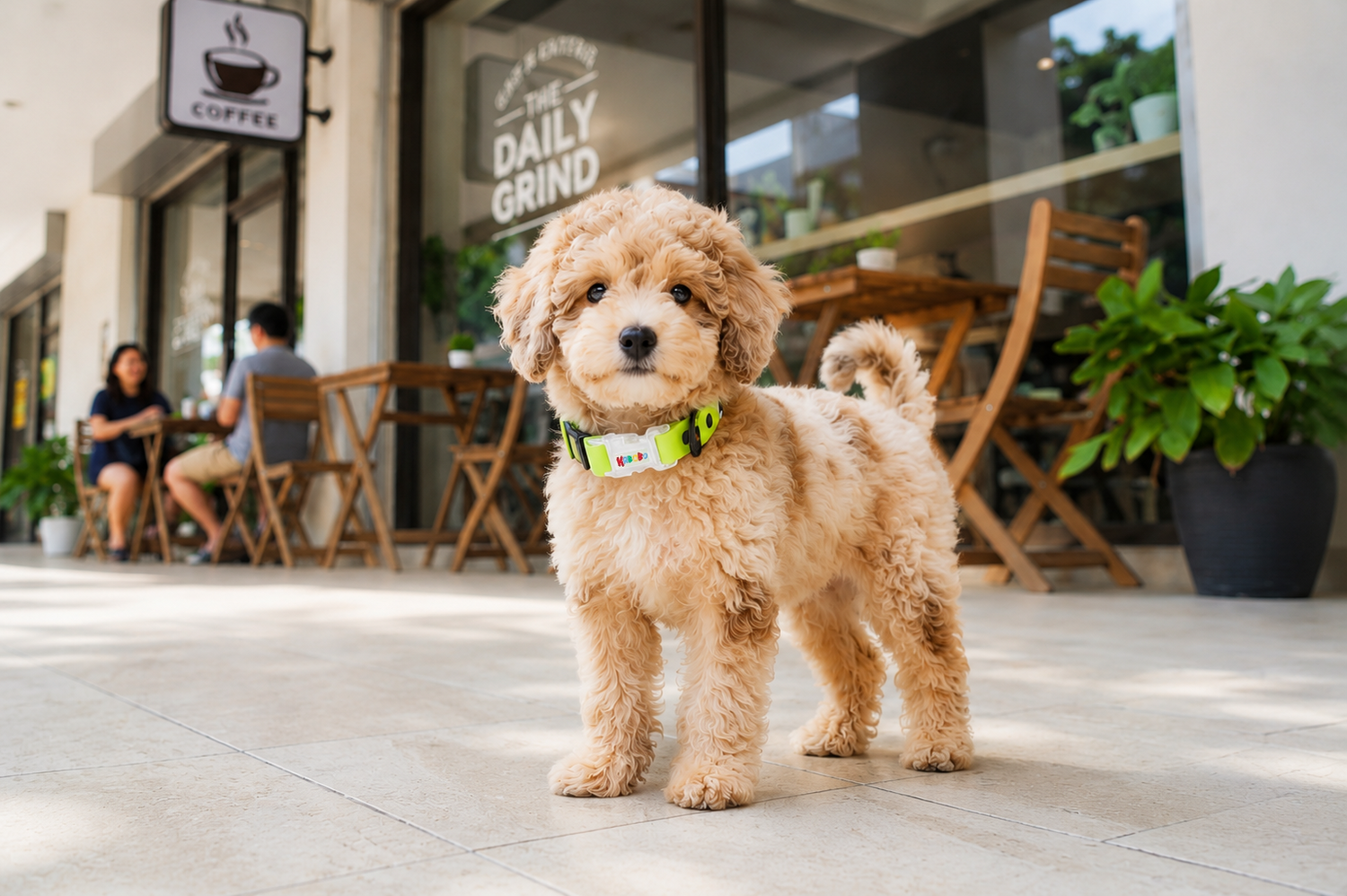 Poodlepuppy wearing lightweight dog collar during morning walk
